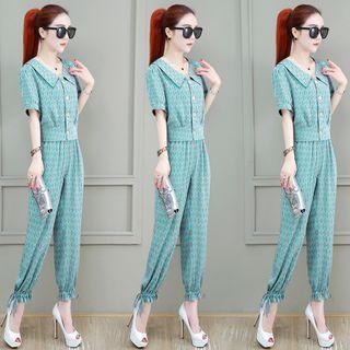 Set: Balloon-sleeve Blouse + Harem Pants