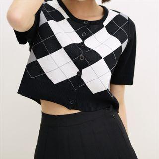 Argyle Button-up Crop Knit Top Black - One Size