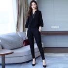 Set: 3/4-sleeve Split-neck Blouse + Cropped Dress Pants