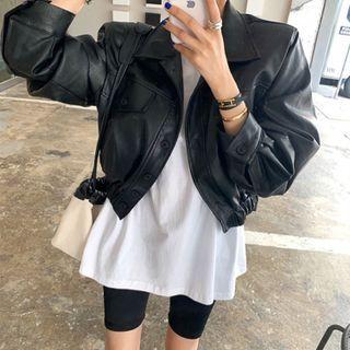 Button-up Cropped Faux Leather Jacket Black - One Size