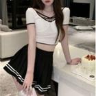Short-sleeve Strappy Crop Top / Pleated Mini A-line Skirt