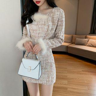 Set: Furry Trim Tweed Jacket + Spaghetti-strap Mini Dress
