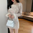 Set: Furry Trim Tweed Jacket + Spaghetti-strap Mini Dress