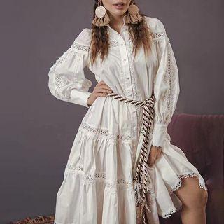 Long-sleeve Lace Panel Midi Shirt Dress