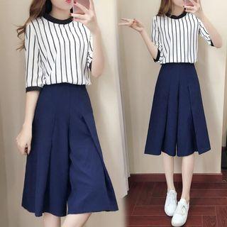 Set: Striped Elbow-sleeve Top + Capri Wide-leg Pants