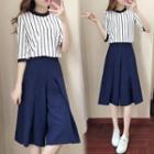 Set: Striped Elbow-sleeve Top + Capri Wide-leg Pants
