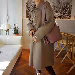 Wool Blend Single-breasted Long Coat Cocoa - One Size