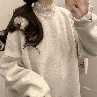 Lace Neck Plain Long-sleeve Top