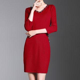 Embellished V-neck 3/4-sleeve Sheath Dress