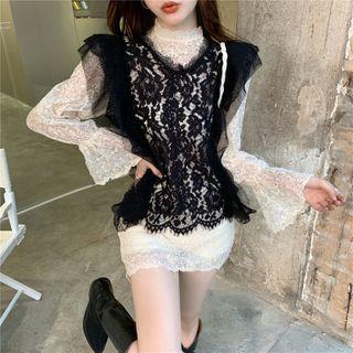 Long-sleeve Mock-neck Lace Mini Dress / Lace Vest