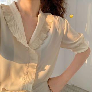 Ruffle Short-sleeve Blouse Beige - One Size