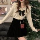 Bow Accent V-neck Lace Long-sleeve Top / High-waist A-line Mini Skirt