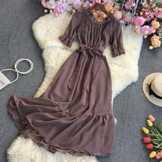 Elbow-sleeve Chiffon Maxi A-line Dress