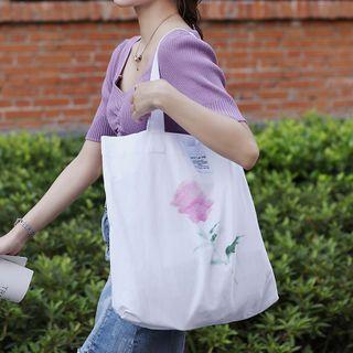 Floral Print Canvas Tote Bag Pink Rose - White - One Size