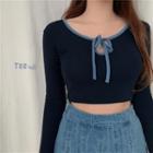 Cropped Tie-neck Long Sleeve T-shirt Navy Blue - One Size