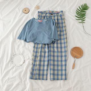 Short Sleeve Plain T-shirt / Check Wide-leg Pants