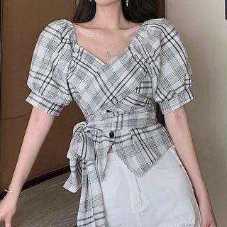 Puff-sleeve Plaid Drawstring Waist Top