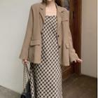 Single-breasted Blazer / Spaghetti Strap Plaid Midi A-line Dress