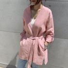 Tab-sleeve Linen Robe Cardigan Pink - One Size