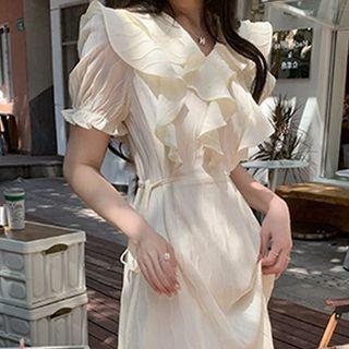Short-sleeve Ruffle Trim Slit Midi A-line Dress