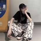 Short-sleeve Spider Web Print Cropped T-shirt / Butterfly Print Wide-leg Pants