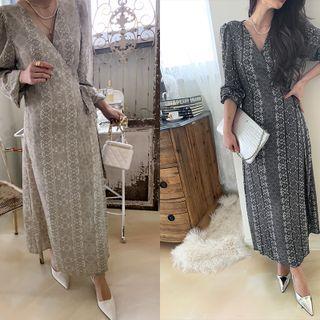 Puff-sleeve Patterned Long Wrap Dress
