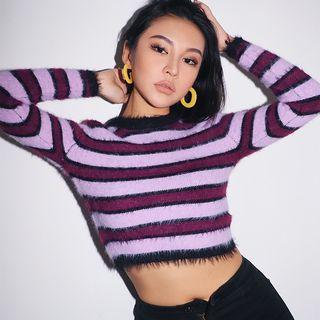 Striped Furry-knit Crop Top Purple - One Size