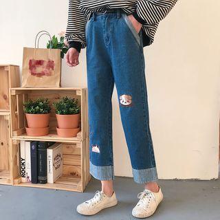 Cartoon Embroidered Loose-fit Cropped Jeans