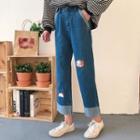 Cartoon Embroidered Loose-fit Cropped Jeans