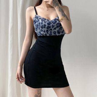 Spaghetti Strap Leopard Print Panel Mini Sheath Dress