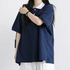Color Block Lapel Elbow Sleeve Oversized T-shirt