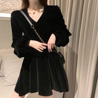 Long-sleeve Velvet V-neck Mini A-line Dress
