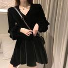 Long-sleeve Velvet V-neck Mini A-line Dress