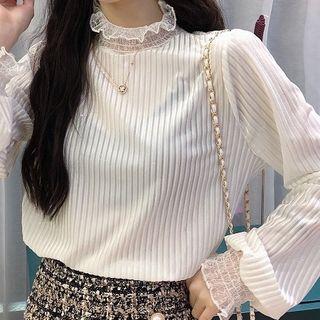 Lace-hem Sheer Long-sleeve Top