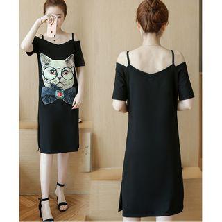 Cat Print Off Shoulder Short Sleeve Midi Dress
