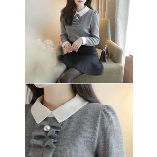 Contrast-collar Frill-detail Knit Top