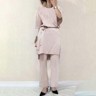 Set: Elbow-sleeve Plain Top + Wide-leg Pants Set - Light Pink - One Size