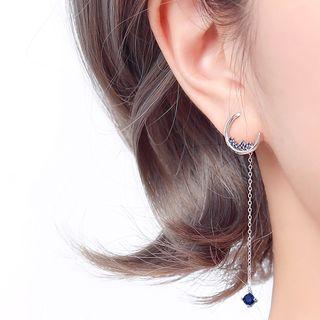 925 Sterling Silver Rhinestone Moon Dangle Earring 1 Pair - Blue Rhinestone - Silver - One Size