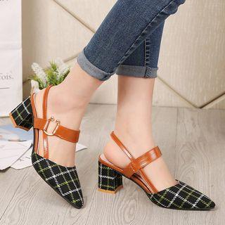 Plaid Fabric Pointed Block Heel Slingback Pumps