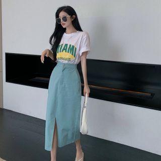 Elbow-sleeve Lettering T-shirt / Slit Midi Pencil Skirt
