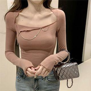 Long-sleeve Rhinestone Trim Knit Top Nude Pink - One Size