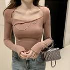 Long-sleeve Rhinestone Trim Knit Top Nude Pink - One Size