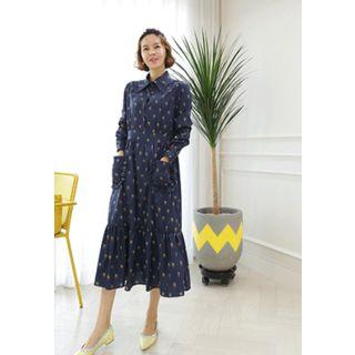 Ruffle-hem Pattern Long Shirtdress With Tie
