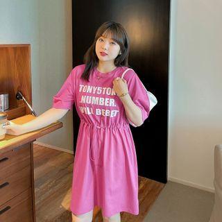 Short-sleeve Lettering Print Drawstring-waist Knit A-line Dress