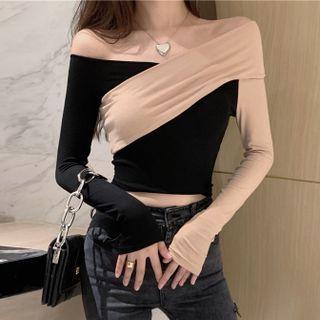 Long-sleeve Color Block T-shirt Black - One Size