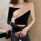Long-sleeve Color Block T-shirt Black - One Size