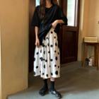 Oversize Side-slit Elbow-sleeve T-shirt / Dotted Midi A-line Skirt
