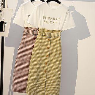 Short-sleeve Plaid Panel Midi Shift Dress