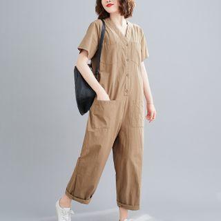 Short-sleeve Harem Jumpsuit Khaki - One Size