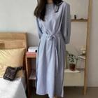 Long-sleeve Plain Tie-waist Midi A-line Dress